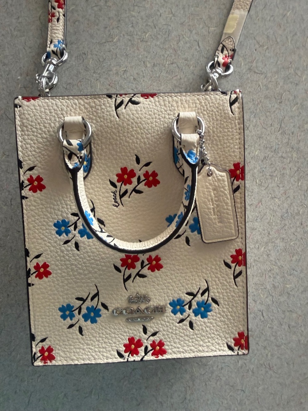Coach White Mini Floral Tote Bag Charm with Red & Blue Flowers